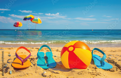 A pair of colorful flipflops, sunglasses and beach ball on the sand by the sea with copy space for a summer vacation concept. 