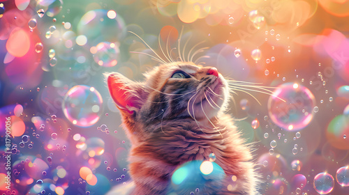 a cat is playing with bubbles in a grassy field