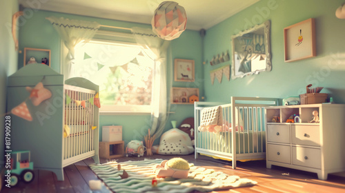 3D Render Of A Blue Nursery Room Floorplan photo