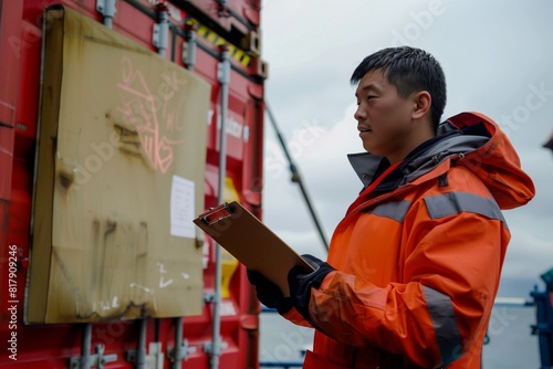 A logistics worker in an orange safety jacket with a clipboard inspects a container on a cloudy day at a port.