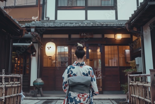 A woman wearing a traditional kimono stands in front of a Japanese-style building with wooden architecture and a lantern.