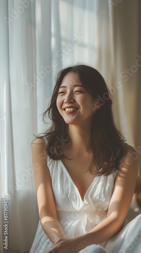 japanese woman in white dress in comfortable apartment, ai