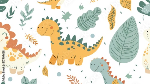 Cute Dinosaur and Leaf Childish Repeat Pattern - Fun and Playful Seamless Design with Childish Elements 