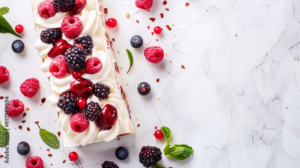 Decadent slice cake berries mint. Light background copy space. Sweet dessert Decadent slice cake berries mint. Light background copy space. Sweet dessert