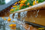Rainwater Flowing from Roof onto Vibrant Flowers during a Downpour