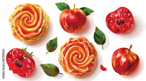 Tasty apple roses from puff pastry and fresh fruit on