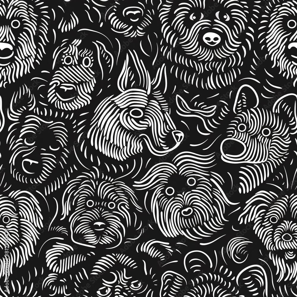 Seamless pattern of white line doodle of dogs