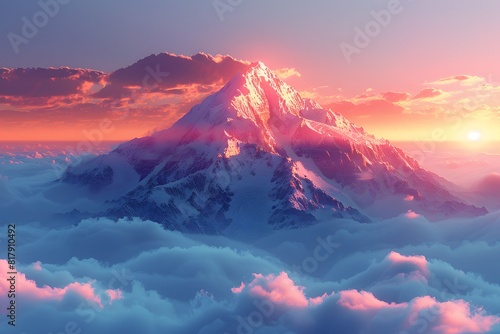 Majestic Sunset Over Snow-Capped Mountain Peak Rising Above Clouds