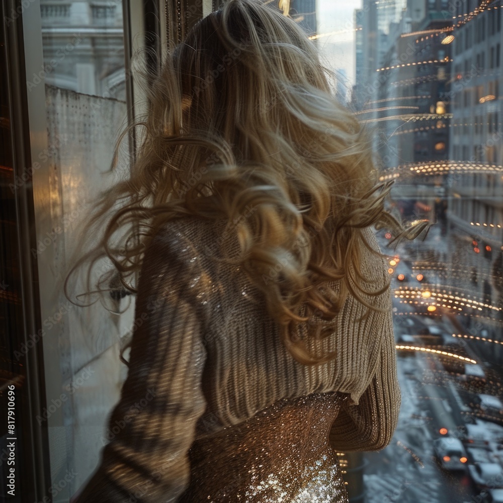 blonde fashion girl gold dress cardigan walking near window apartment, ai blonde fashion girl gold dress cardigan walking near window apartment, ai