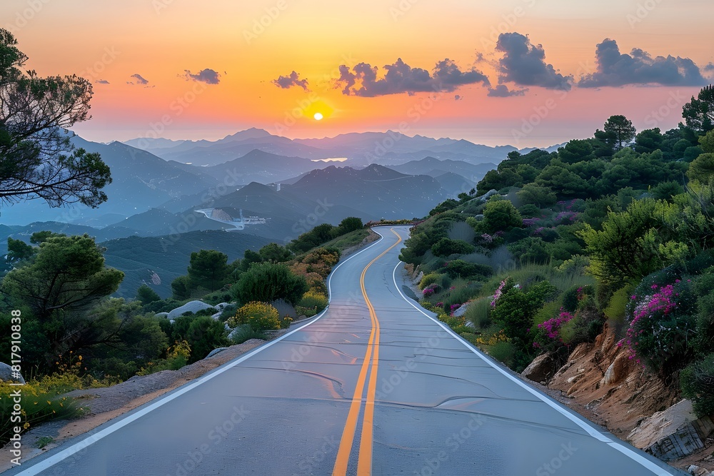 Scenic Sunset View over Winding Road Through Mountainous Landscape