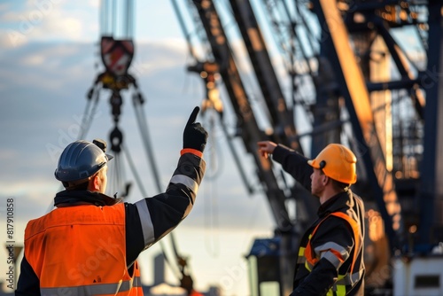 Two construction workers in safety gear and helmets pointing at heavy machinery at a construction site during sunset.