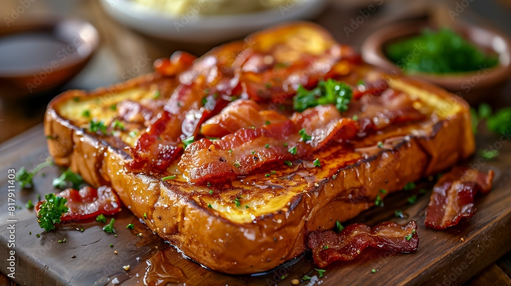 Crispy Bacon Strips On Thick Slice Of French Toast Drizzled With Syrup And Fresh Herbs Crispy Bacon Strips On Thick Slice Of French Toast Drizzled With Syrup And Fresh Herbs