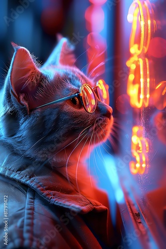 Cool cat in sunglasses looking at the neon lights of the city. photo