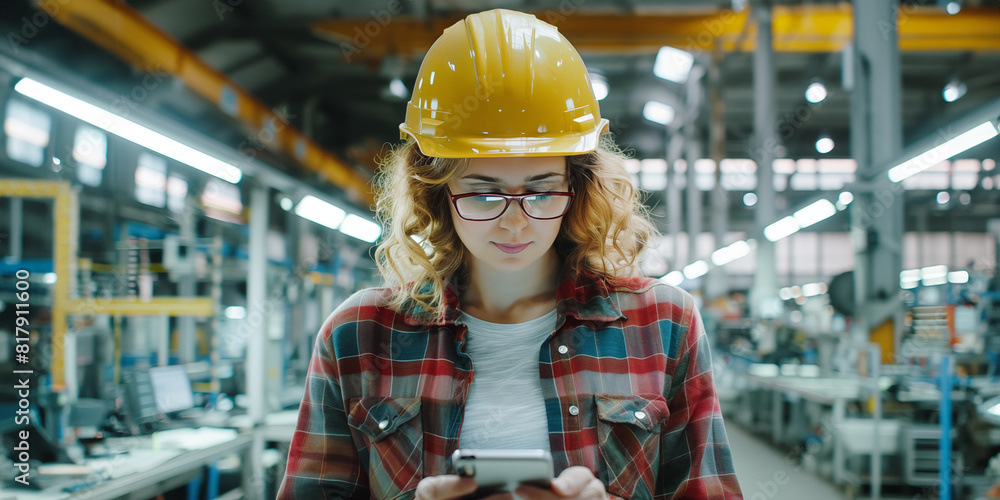 Worker or engineer woman wearing a security hemet working in a modern high tech factory with a phone,controlling automation in industry, human working with automated machines Worker or engineer woman wearing a security hemet working in a modern high tech factory with a phone,controlling automation in industry, human working with automated machines