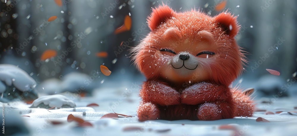 A red teddy bear sits among the white snow A red teddy bear sits among the white snow