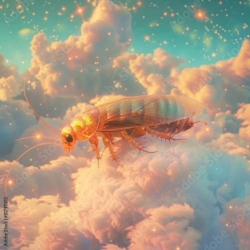 Cockroach Floating in Dreamy Cosmos of Pastel Clouds and Stars photo