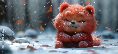 A red teddy bear sits among the white snow