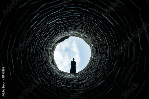 View from the bottom of a well looking up at a person standing at the top edge against a blue sky with clouds. photo