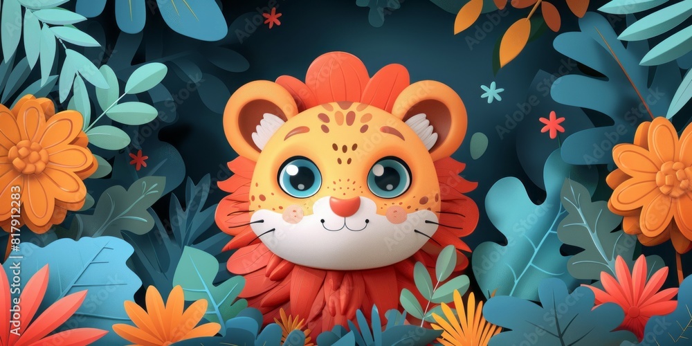 A cartoon lion is sitting among colorful flowers in a field A cartoon lion is sitting among colorful flowers in a field
