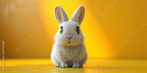 White rabbit resting in front of bright yellow backdrop photo