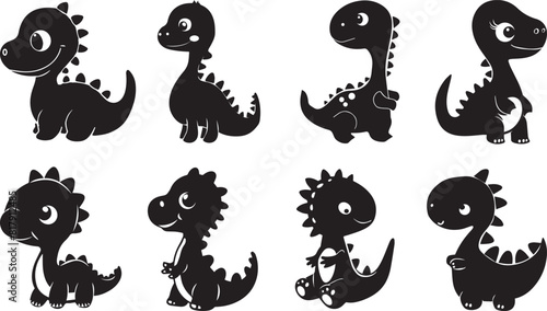 Black and white cartoon illustrations of cute  friendly dinosaur