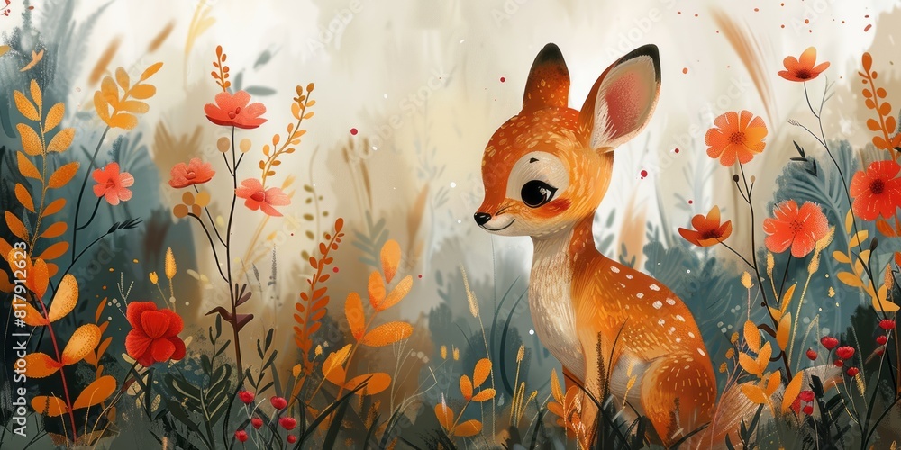A painting of a deer peacefully grazing in a field of colorful flowers A painting of a deer peacefully grazing in a field of colorful flowers