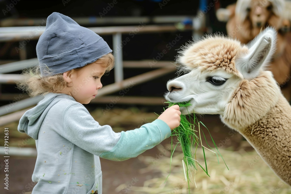 A young child wearing a blue hat feeds green grass to a beige alpaca. They are in an outdoor, farm-like setting with hay on the ground. A young child wearing a blue hat feeds green grass to a beige alpaca. They are in an outdoor, farm-like setting with hay on the ground.