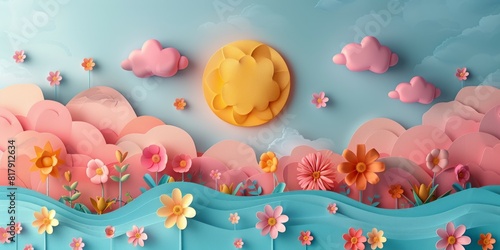 3D paper background featuring vibrant flowers and a bright sun
