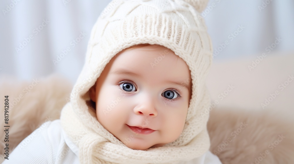 portrait of a cute smiling baby. Cute baby in bed on his stomach with his head up looking with his big eyes. Warm and soft beige clothing. Close up. portrait of a cute smiling baby. Cute baby in bed on his stomach with his head up looking with his big eyes. Warm and soft beige clothing. Close up.