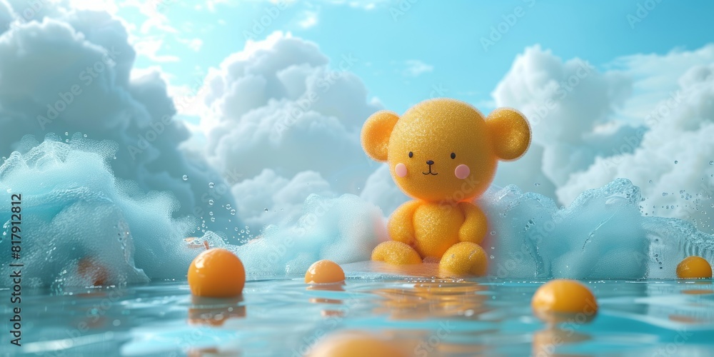 A yellow teddy bear floats in the water A yellow teddy bear floats in the water
