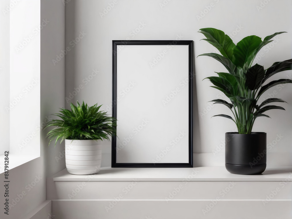 A minimalist mockup featuring a black vertical frame with a blank white card, a potted plant beside it, and the frame leaning against a white wall on the floor. A minimalist mockup featuring a black vertical frame with a blank white card, a potted plant beside it, and the frame leaning against a white wall on the floor.