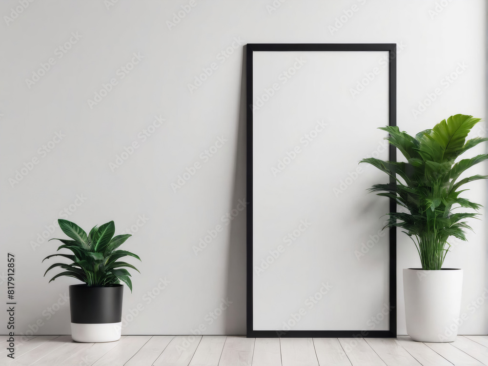 A minimalist mockup featuring a black vertical frame with a blank white card, a potted plant beside it, and the frame leaning against a white wall on the floor. A minimalist mockup featuring a black vertical frame with a blank white card, a potted plant beside it, and the frame leaning against a white wall on the floor.