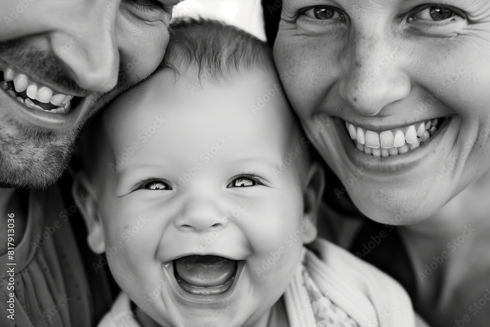 Close-up black and white photo of a joyful family with parents and a smiling baby in the center. Close-up black and white photo of a joyful family with parents and a smiling baby in the center.