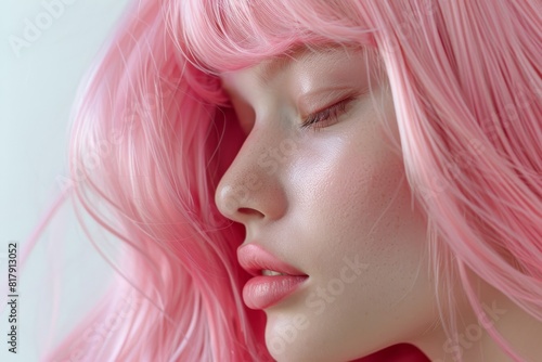 portrait of a girl s face with pink hair on a white background