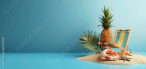 summer banner concept with 3d render of beach chair  a pineapple and life ring with copy space  blue background  banner design  orange color