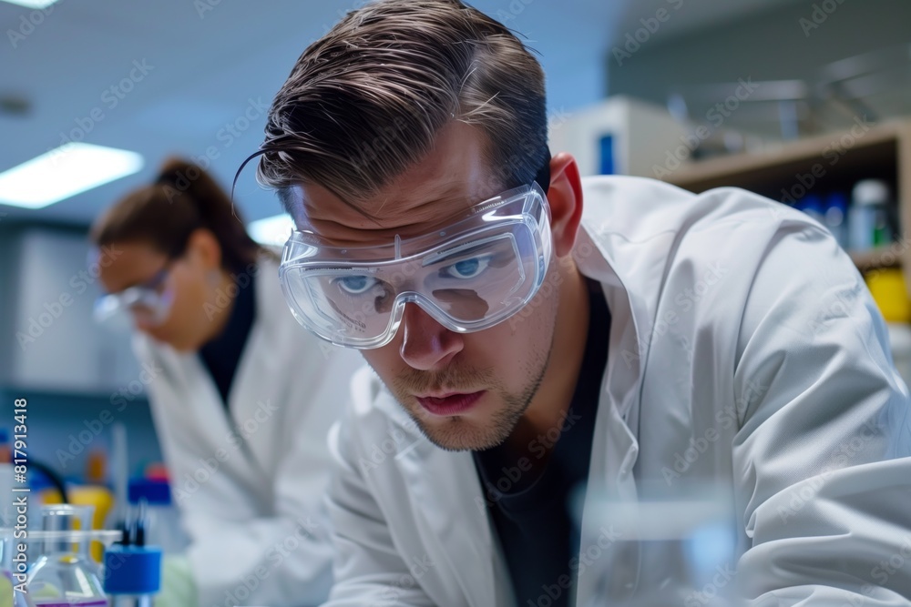 Two scientists wearing lab coats and safety goggles conduct experiments in a laboratory, focused on their research tasks. Two scientists wearing lab coats and safety goggles conduct experiments in a laboratory, focused on their research tasks.