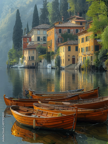 Paiting of boats peacefully moored on a lake, soft morning light, resembling a tranquil, serenity of the lakeside town in the early morning