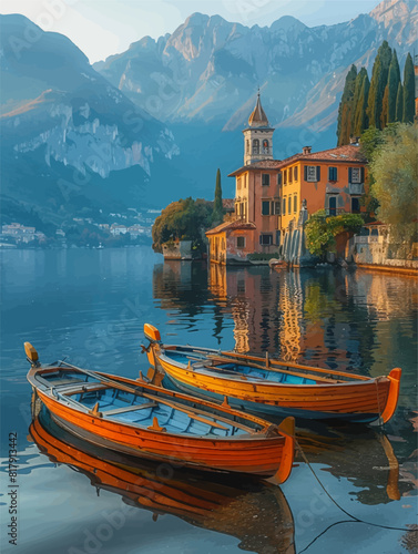 Paiting of boats peacefully moored on a lake, soft morning light, resembling a tranquil, serenity of the lakeside town in the early morning