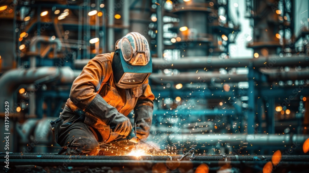Close up of engineer is welding with refinery background Close up of engineer is welding with refinery background
