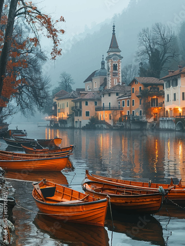 Paiting of boats peacefully moored on a lake, soft morning light, resembling a tranquil, serenity of the lakeside town in the early morning