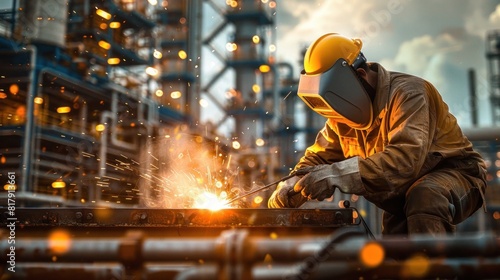 Close up of engineer is welding with refinery background