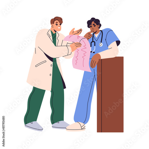 Doctor consults with professional cardiologist about ECG results. Medics examine cardiogram, discuss EKG analysis. Healthcare colleagues work together. Flat isolated vector illustration on white