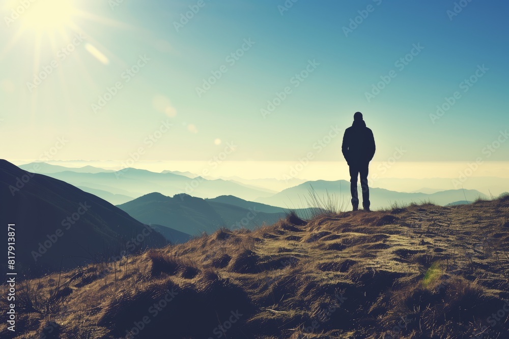 Lone Male Hiker on Scenic Mountain Ridge: Adventure, Solitude, and Breathtaking Landscape Lone Male Hiker on Scenic Mountain Ridge: Adventure, Solitude, and Breathtaking Landscape