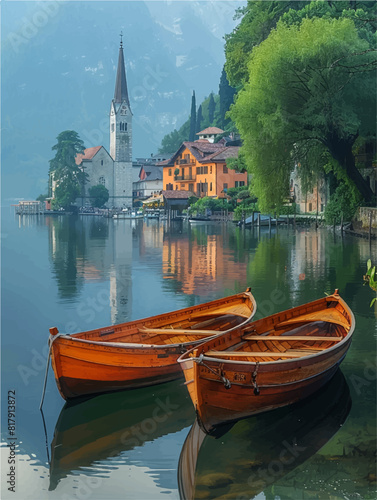 Paiting of boats peacefully moored on a lake, soft morning light, resembling a tranquil, serenity of the lakeside town in the early morning