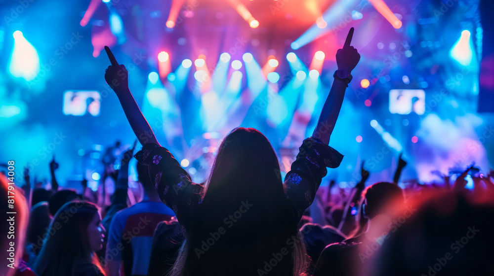 Obraz premium Silhouette of a girl with her hands raised in a crowded concert hall with scene stage lights in blue tones.