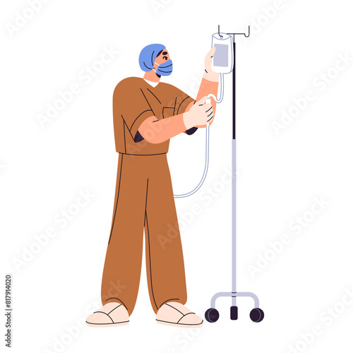 Nurse in protective mask adjusts IV on stand. Doctor setting up drop counter for intravenous therapy. Medic with medical dropper in hospital. Flat isolated vector illustration on white background
