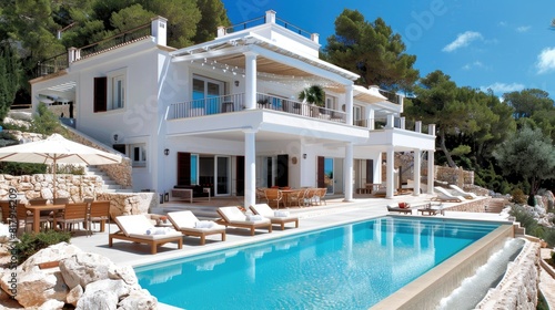 a modern architecture villa on the Mediterranean coast, a pristine pool amidst rugged rocks and towering pine trees, its white exterior bathed in natural light, evoking a vibrant summer mood. © lililia