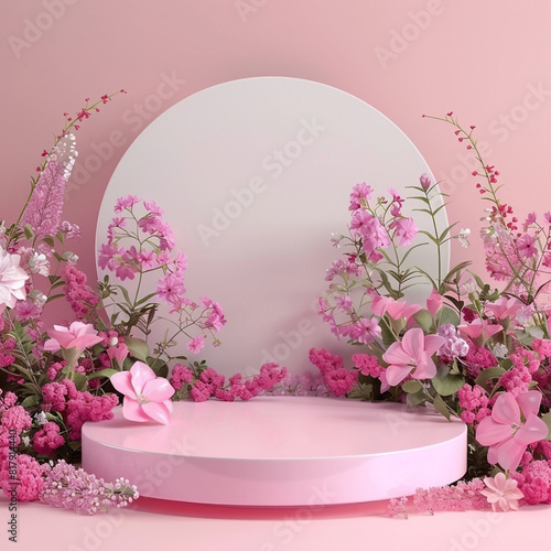 3d render podium with pink flowers and empty space mock-up, beauty product display stage background.