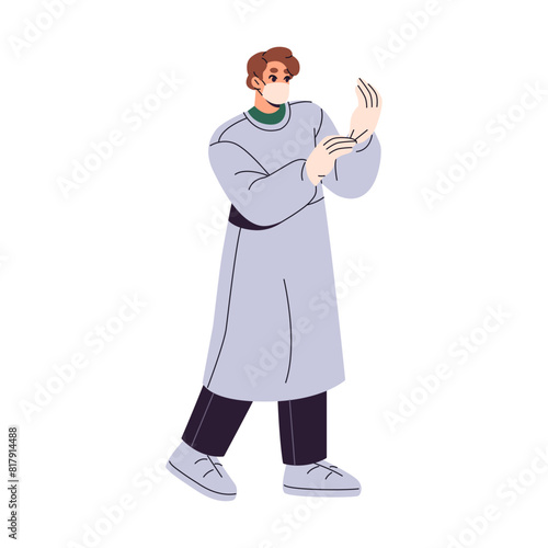 Professional surgeon prepares to surgery. Doctor adjusts gloves on the go to operation. Medic wears protective mask in operating room. Emergency healthcare. Flat isolated vector illustration on white