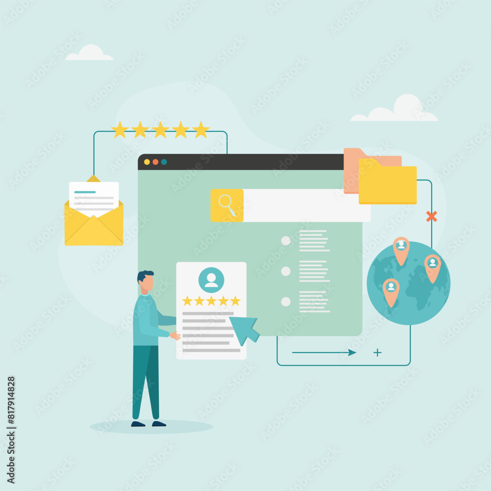 Recruitment concept. A man is looking for candidates for vacancies, looking for the best resume, hiring employees. Vector illustration.
Recruitment concept. A man is looking for candidates for vacancies, looking for the best resume, hiring employees. Vector illustration.